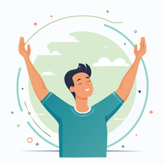 Joyful man with arms raised expressing positive emotions with copy space