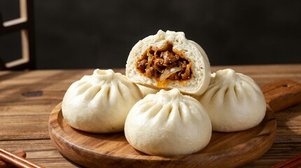 Fresh steamed pork buns on a wooden board with savory filling exposed