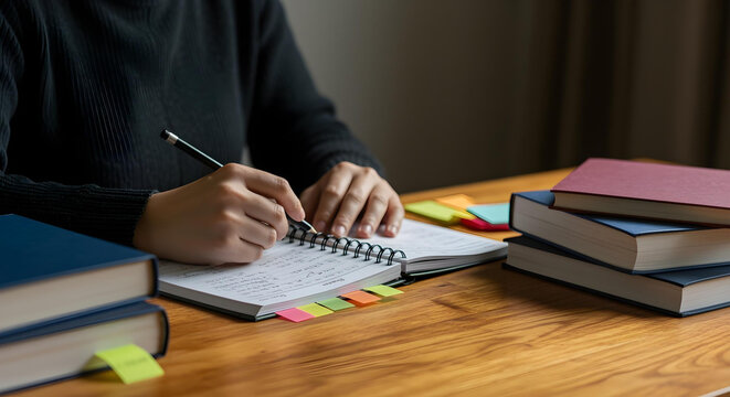 Close-Up of Student Studying with Books and Laptop on Wooden Desk