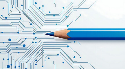 Blue pencil tip connecting electronic circuit pattern, creativity and technology concept blending innovation and design