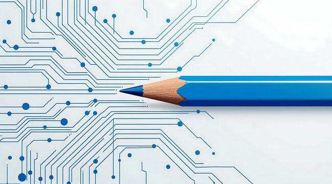 Blue pencil tip connecting electronic circuit pattern, creativity and technology concept blending innovation and design