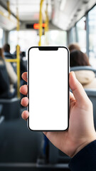 Hand holding mobile phone with blank white screen mockup in public transport bus interior with blurred passengers for travel application presentation, digital website promotion
