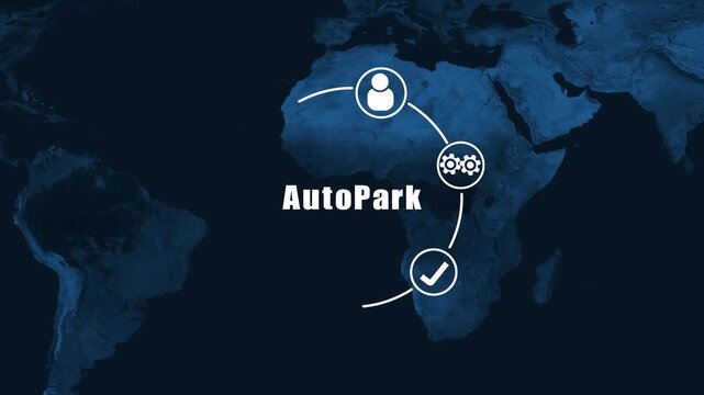 Auto Park global network connection concept with person and gears icons on world map Keywords: Auto Park, global, network, connection, concept, person, icon, gears, world map, Africa, technology