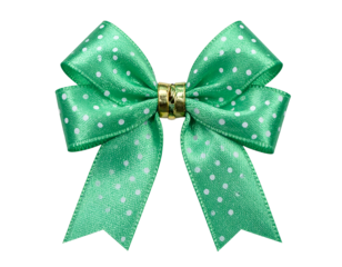 A bright green satin bow with white polka dots, gold ring center, on black background