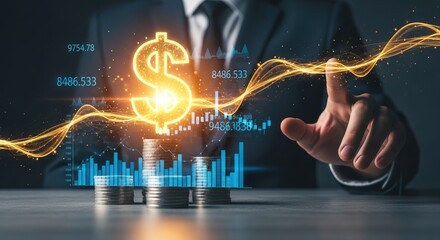 A businessman interacts with a digital dollar sign and financial graphs in a modern setting