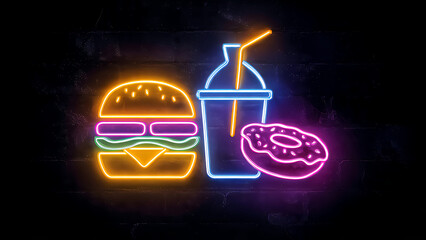 Vibrant neon food signs of burger, soda, and donut at night