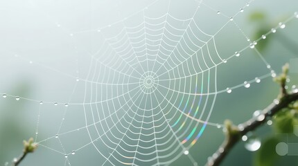 Morning dewdrops on an ornate spiderweb highlighting radial geometry