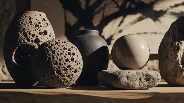 Organic Still Life Featuring Textural Ceramics And Abstract Ink Painting In Warm Natural Lighting
