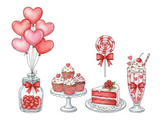 Valentine's day treats and decorations isolated on transparent background
