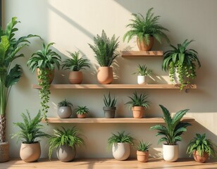 Many potted green plants arranged on wooden shelves against a light wall. Various houseplants create a natural, calming indoor jungle effect with soft sunlight.