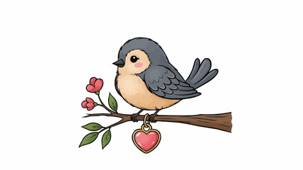 Cute cartoon bird with heart pendant on a branch. © raja