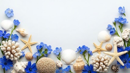 Beautiful beach themed border with seashells, starfish, and blue flowers