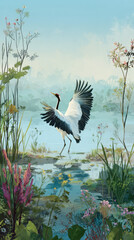 Fototapeta premium Graceful Red-Crowned Crane Dancing in a Serene Misty Wetland Pond Surrounded by Wildflowers and Lush Aquatic Greenery, Elegant Japanese Style Nature Illustration for Tranquil Interior Wall Decor