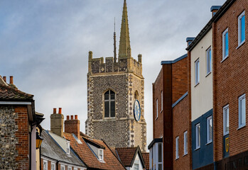 Historic church tower and spire in the city centre