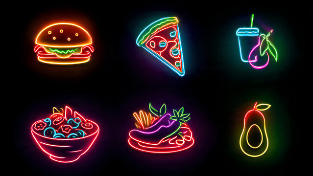 Vibrant neon food icons set for menu or advertising design