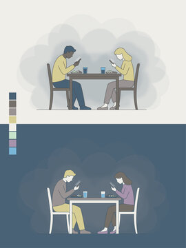Couple Ignoring Each Other at Dinner - Phubbing, Phone Addiction and Relationship Disconnection Concept