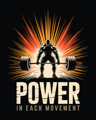Title: Motivational bodybuilder lifting heavy barbell with power radiance background
