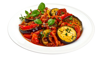 A vibrant ratatouille dish, featuring eggplant, tomato, peppers, and herbs