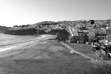 cityscape of Albufeira in Portugal in winter in black and white