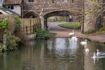 The historic Pulls Ferry on the River Wensum in the city of Norwich, Norfolk