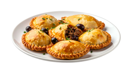 Golden-brown savory pastries with filling, olives on white plate, some showing interior