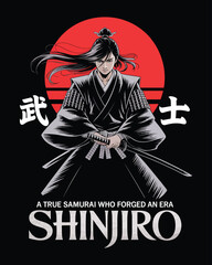 Traditional Japanese samurai warrior Shinjiro with katana and red sun