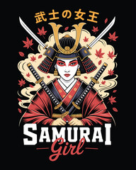 Female samurai warrior girl with katanas and autumn maple leaves