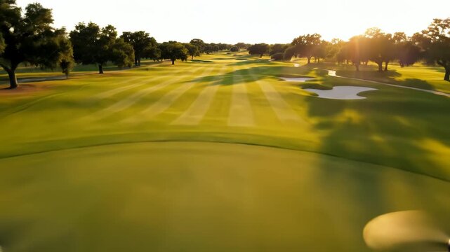 Golf course with sand bunker and flag