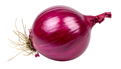 A single, vibrant red onion, whole with root and top detail, isolated against a black backdrop