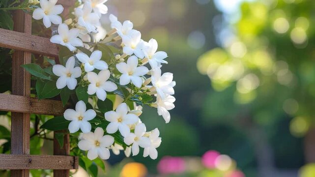 Close Up of White Blooming Flowers on a Wooden Trellis with a Soft Green Blurred Background