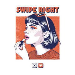Pop art woman applying lipstick swipe right dating app style vector illustration