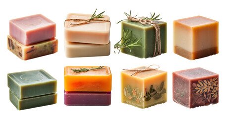 Assorted Colorful Handmade Soaps with Natural Ingredients and Herbs, PNG bundle collection, Isolated on Transparent Background