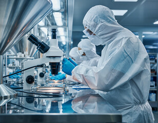 Pharmaceutical Cleanroom Technicians Working with Precision Instruments