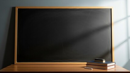 Empty blackboard on a school desk with books and window light