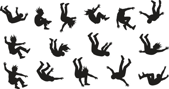 black silhouettes of people falling down in various positions on white background