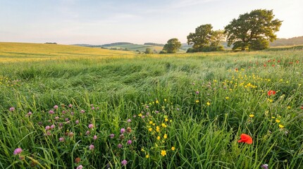 Fototapeta premium Serene landscape of a green field with wildflowers and trees