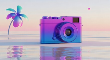 Vibrant 3 d render of a camera on water with palm tree and pastel background