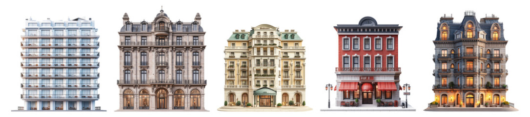 Obraz premium Stylish Architectural Designs of Various Boutique Buildings and Hotels, PNG bundle collection, Isolated on Transparent Background