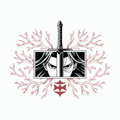 Intense anime eyes reflection in katana blade with floral frame vector