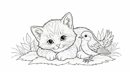 Fototapeta premium Cute kitten and small bird illustration for coloring.