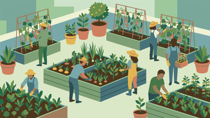 Diverse group of people cultivating a vibrant rooftop urban garden