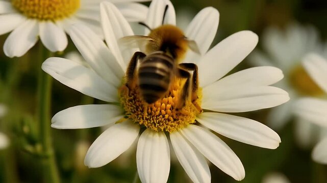 Beautiful footage of bees collecting pollen from vibrant daisies in a natural setting