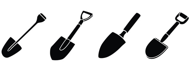 Garden Shovel Vector Icon Set &ndash; Outline, Flat and Silhouette Spade Tools Isolated on White Background 
