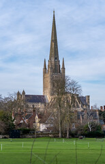 The historic and medieval Cathedral in the city of Norwich.  Captured on a cold winter day