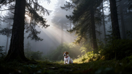 A small dog sits in a sunlit forest clearing surrounded by tall trees and misty light rays.