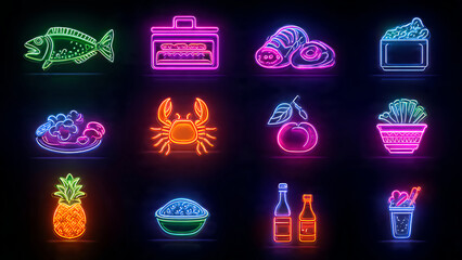 Vibrant neon food icons for menu design and restaurant branding