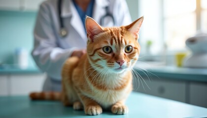Ginger cat sits on vet examination table during health check. Vet in lab coat inspects feline skin condition for illness. Animal wellness and pet care service.