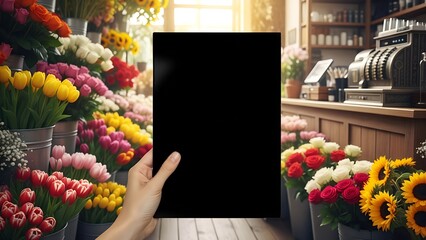Hand Holding Blank Black Card Mockup in Colorful Flower Shop Interior