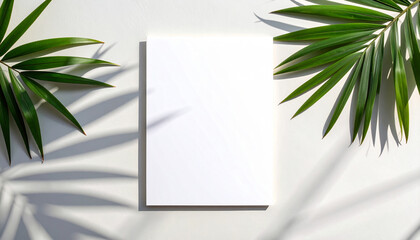 Tropical leaves framing a blank white page on a light background with soft shadows.
