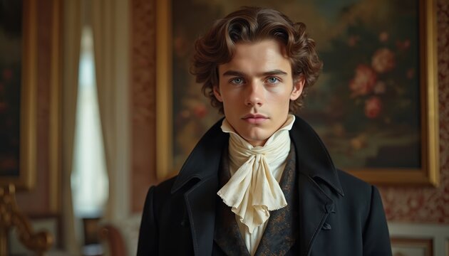 Young man in formal period attire with ruffled ascot, dark coat stands indoors. Styled brown hair, blue eyes, looking forward with neutral expression. Background blurred opulent interior with ornate